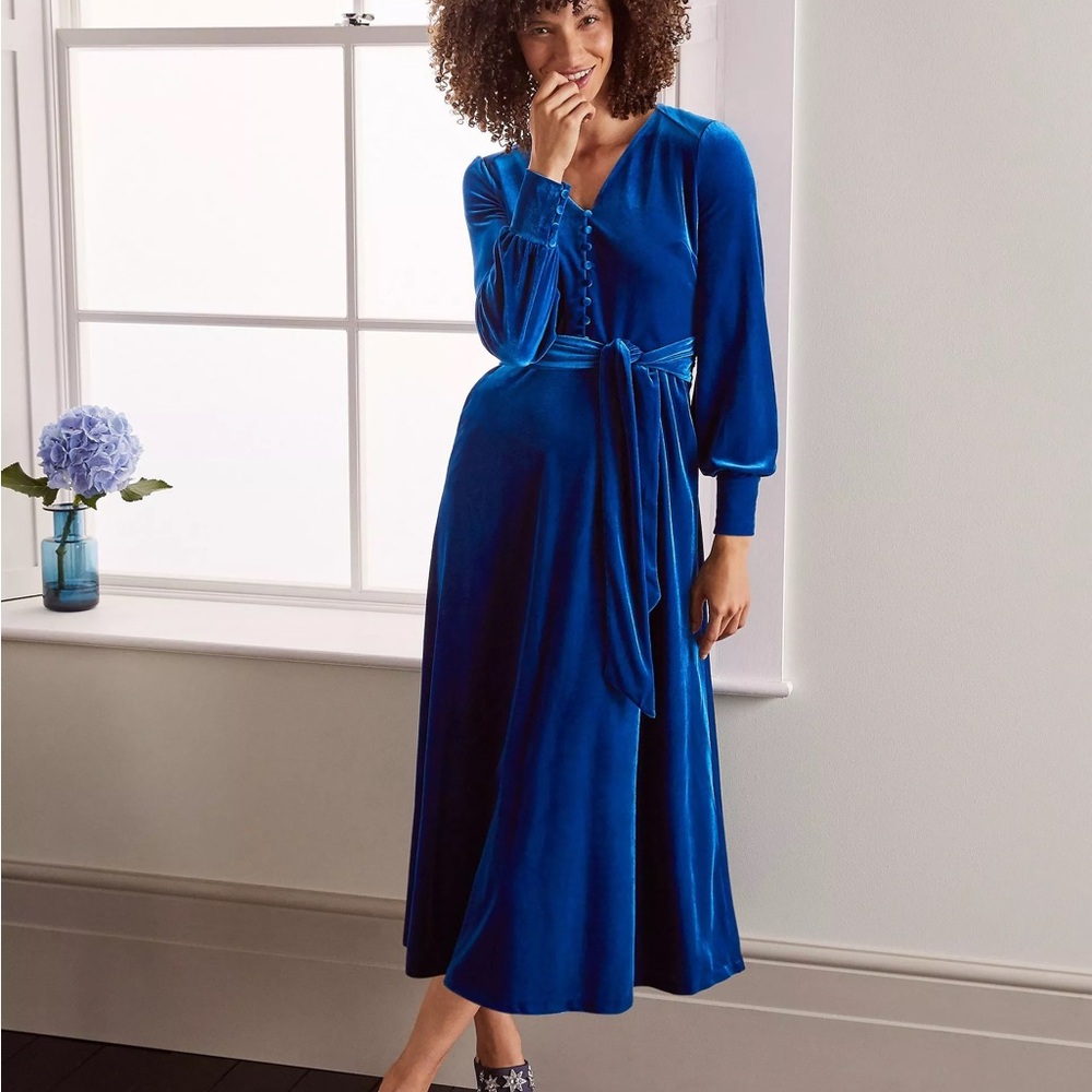 Boden Rita Elegant Blue Long Sleeve Velvet Dress